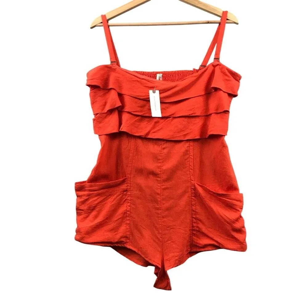 NWT Anthropologie Sz M Orange Tiered Ruffle Smocked Linen Side Pocket Romper